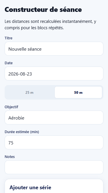 Constructeur de séance réel dans SwimRace